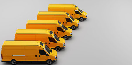 Fleet of van transportation trucks. Transport, shipping industry. 3D illustrationの写真素材