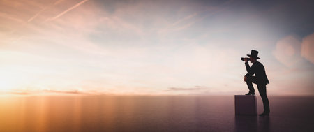 Businessman in hat looking through binoculars as if searching or looking into future plans. 3D illustrationの写真素材