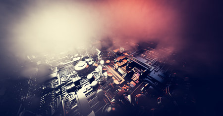 Cyberpunk or steampunk industrial background with various engine, mechanical and technical elements. 3D illustrationの写真素材