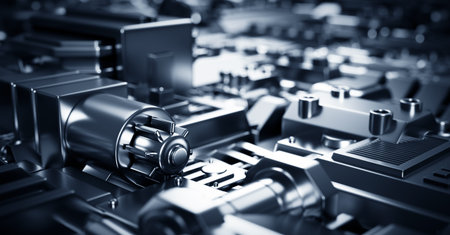 Industrial steel background with various engine, mechanical and technical elements. 3D illustrationの写真素材