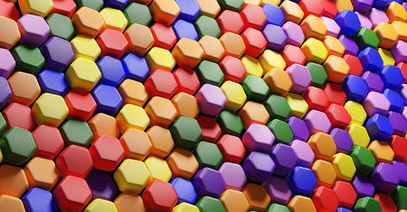 Honeycomb pattern in rainbow colors background. Colorful, vivid and energetic backdrop. 3D illustrationの写真素材