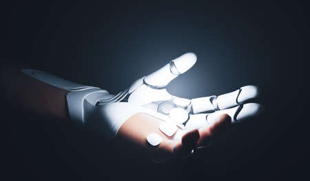Robotic bionic hand connected with human hand. Modern technology, prosthesis medicine. 3D illustrationの写真素材