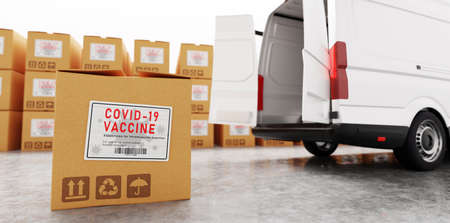 Coronavirus Covid-19 vaccine transport, shipping and delivery. Transportation vanの写真素材
