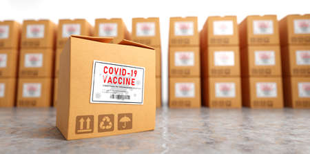 Coronavirus Covid-19 vaccine transport, shipping and delivery. Boxes ready for distributionの写真素材