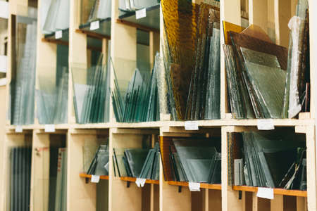 Glass panes in a glazier workshop. Industry and manufactureの写真素材