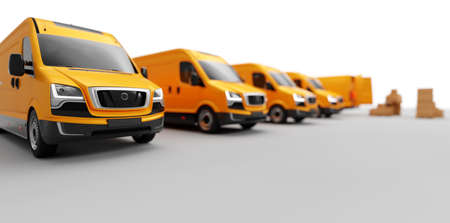 Parcel delivery in van transportation trucks on white. Transport, shipping industry. 3D illustrationの写真素材