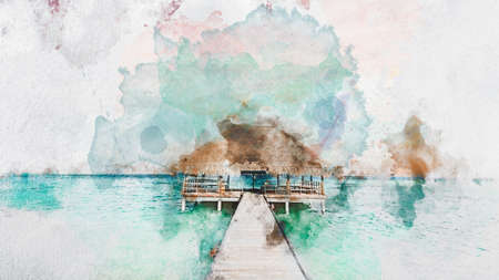 Watercolor painting of wooden jetty on Maldives island resort.の写真素材