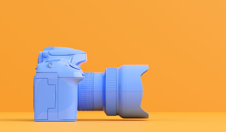 Professional digital camera in minimalist vivid color modern style. 3D illustration