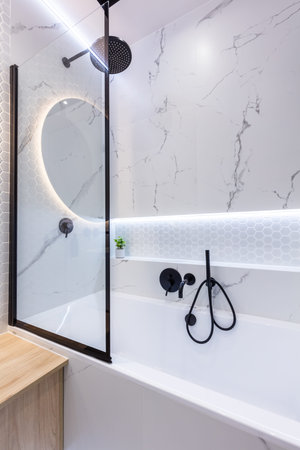 Bath in modern small bathroom. Bright interior design