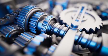 Gears and cogs mechanism. Industrial machine, engine. Close-up macro. 3D illustrationの写真素材
