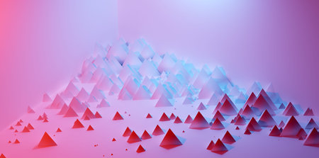 Abstract triangles in neon light background. VR, music backdrop, wallpaper. 3D illustration