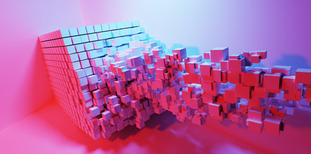 Abstract cubes flow in neon light background. VR, music backdrop, wallpaper. 3D illustration