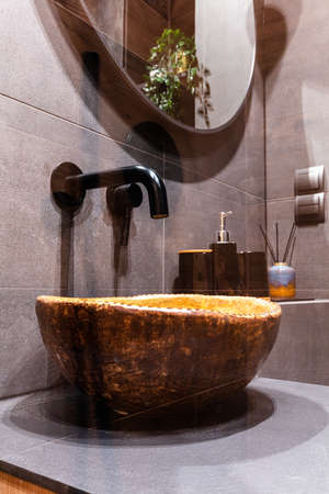 Modern small bathroom interior design. Dark styleの写真素材
