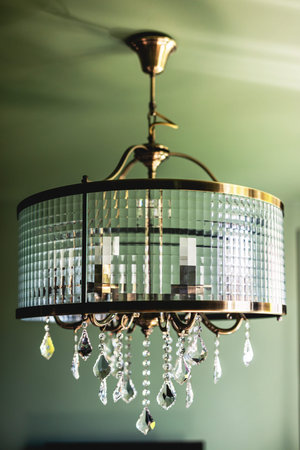 Elegant retro lamp hanging against dark green wall. Interior design and home staging