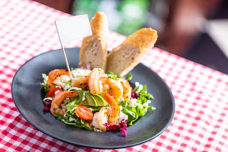 Shrimp salad served in an american restaurant. Empty toothpick flagの写真素材