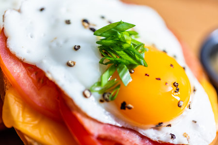 Sandwich with fried egg breakfast served in american restaurant