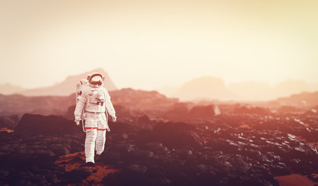 Astronaut doing space walk and explore a distant planet such as Mars. 3D renderの写真素材