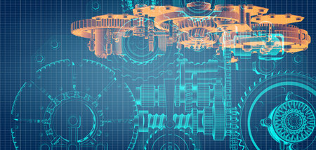 Blueprint project of engine design with gears and cogs mechanism