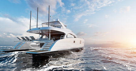 Catamaran motor yacht on the ocean at sunny day