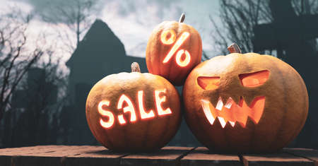 Halloween pumpkins with sale carving glowing on gothic graveyard. Jack-o'-lantern scary carved face.の写真素材