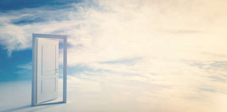 Open door to sunny sky. Hope, new life, change concept.の写真素材