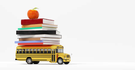 Back to school. Yellow school bus toy with books and apple isolated on whiteの写真素材