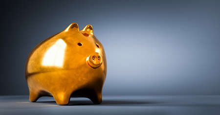 Gold piggybank on dark background. 3D illustrationの写真素材