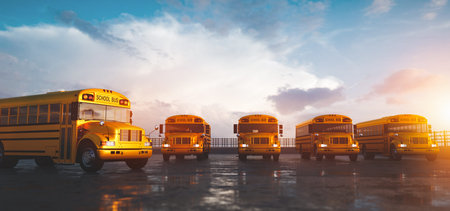 Yellow school bus fleet on parking. Back to school