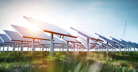 Solar photovoltaic panels array system. Clean and sustainable energy technology - power and...