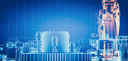 Blueprint project of engine design with gears and cogs mechanism