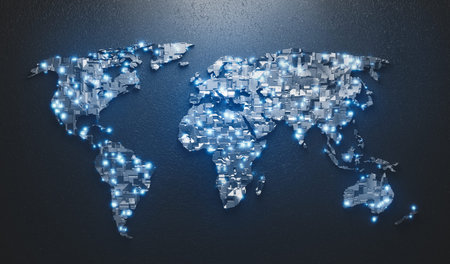 World map in big data network technology style. Modern background