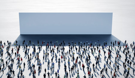 Crowd of people in front of big white wall. 3D illustrationの写真素材
