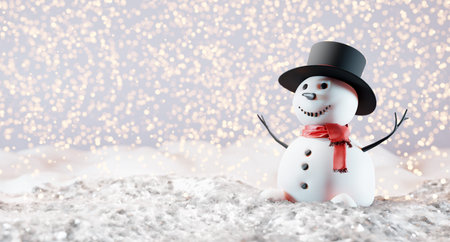 Christmas snowman in winter scenery with glitter lights. 3D illustration