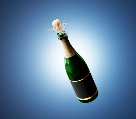 Champagne cork explosion, opening bottle for a new year party. Blue backgroundの写真素材