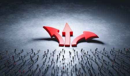 People make decision and choose. Red arrows pointing at different directions. 3D illustrationの写真素材