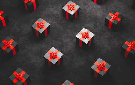 Gift boxes with red ribbon on black background. 3D illustrationの写真素材