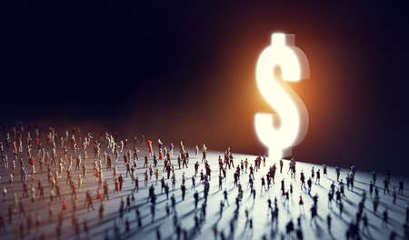 People walk to big USD dollar symbol. 3D illustrationの写真素材