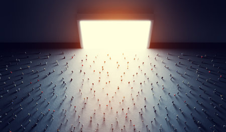 People walk to big gate, light coming in. 3D illustrationの写真素材