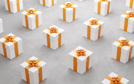 Gift boxes with orange ribbon background. 3D illustration