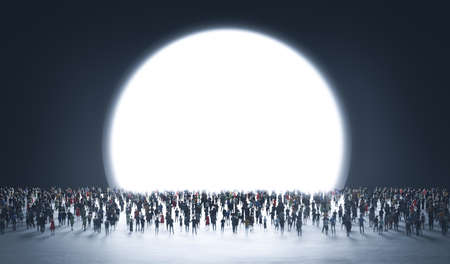 People look at big glowing circle. 3D illustrationの写真素材