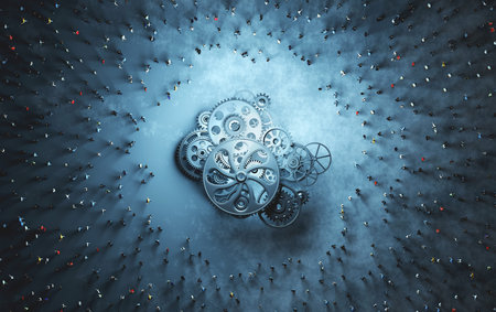 Crowd of people around cog wheels mechanism. Teamwork, idea and science concepts. 3D illustration