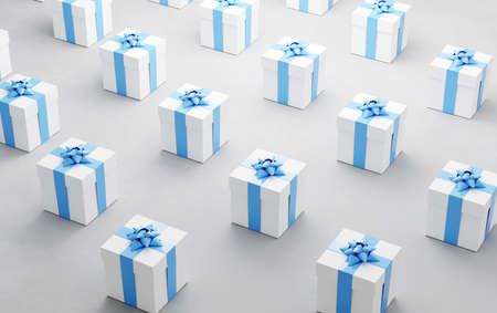 Gift boxes with blue ribbon background. 3D illustrationの写真素材