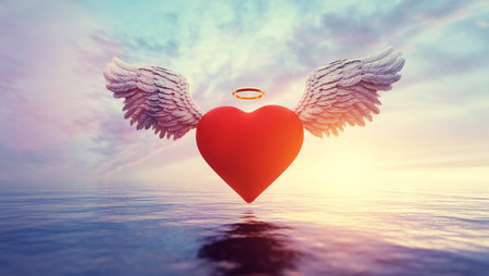 Heart with angel wings and gold ring love symbol above ocean. Valentine's day theme. 3D illustration