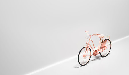 Pink bicycle on white wall background. 3D illustration
