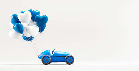 Heart balloons tied to toy car. Valentines day and love greeting card. 3D renderの写真素材