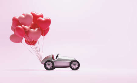Heart balloons tied to toy car. Valentines day and love greeting card. 3D renderの写真素材