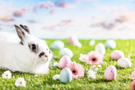 Easter bunny and painted eggs on grass. Holiday theme