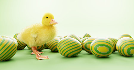 Easter eggs and baby chicken on green backgroundの写真素材