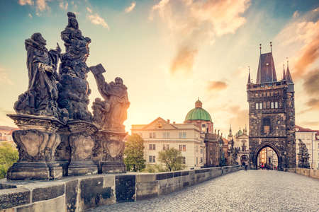 Charles Bridge in Prague, Czech Republic at sunrise with historic statuesのeditorial素材