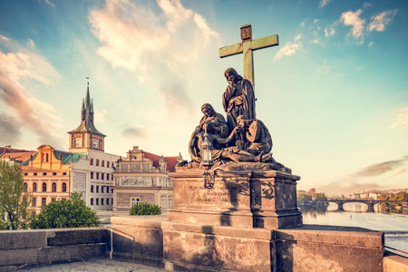 Charles Bridge in Prague, Czech Republic at sunrise with historic statuesのeditorial素材